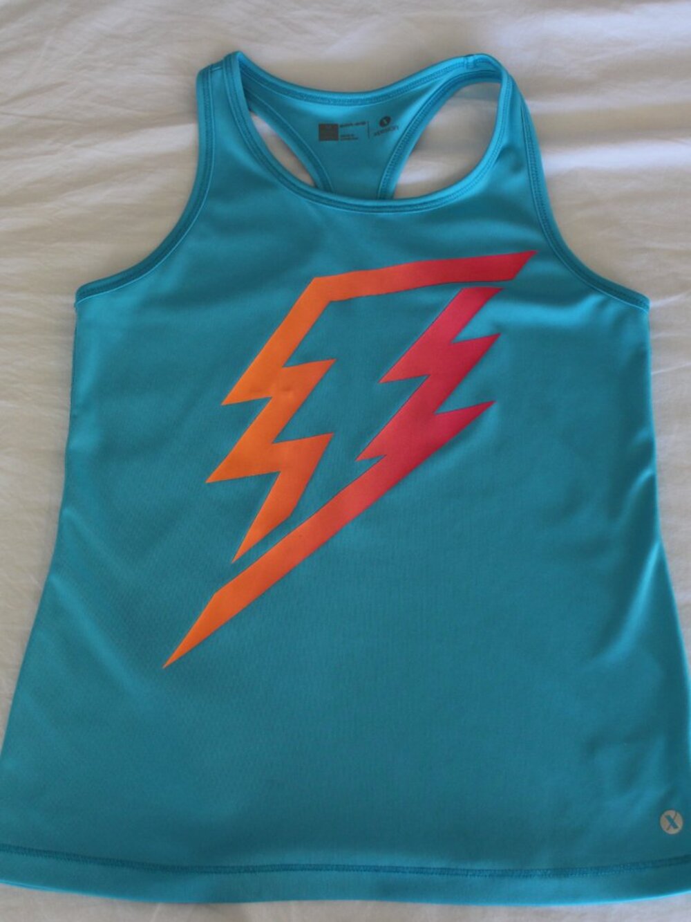 Xersion Blue Racerback Tank Top with Pink Orange Lightening Size M 10/12 Reg
